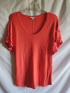 Chico's Coral Ruffle Sleeve Scoop Neck Top